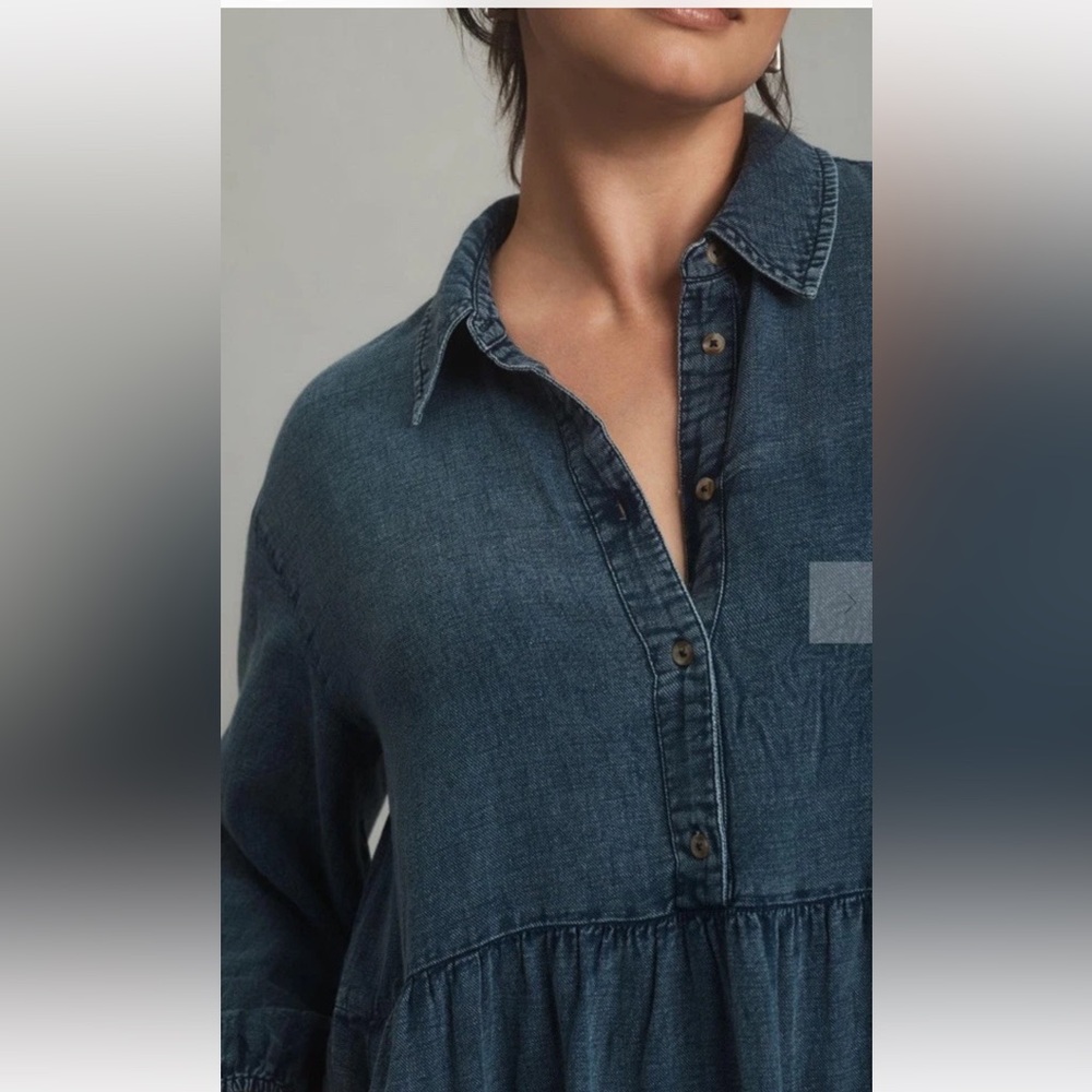 Anthropologie The Bettina Tiered Mini Shirt Dress Denim Button Pockets Blue - Picture 6 of 8